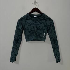 Green Marbled Gymshark Adapt Camo Cropped Long Sleeve Athletic Top (0716)